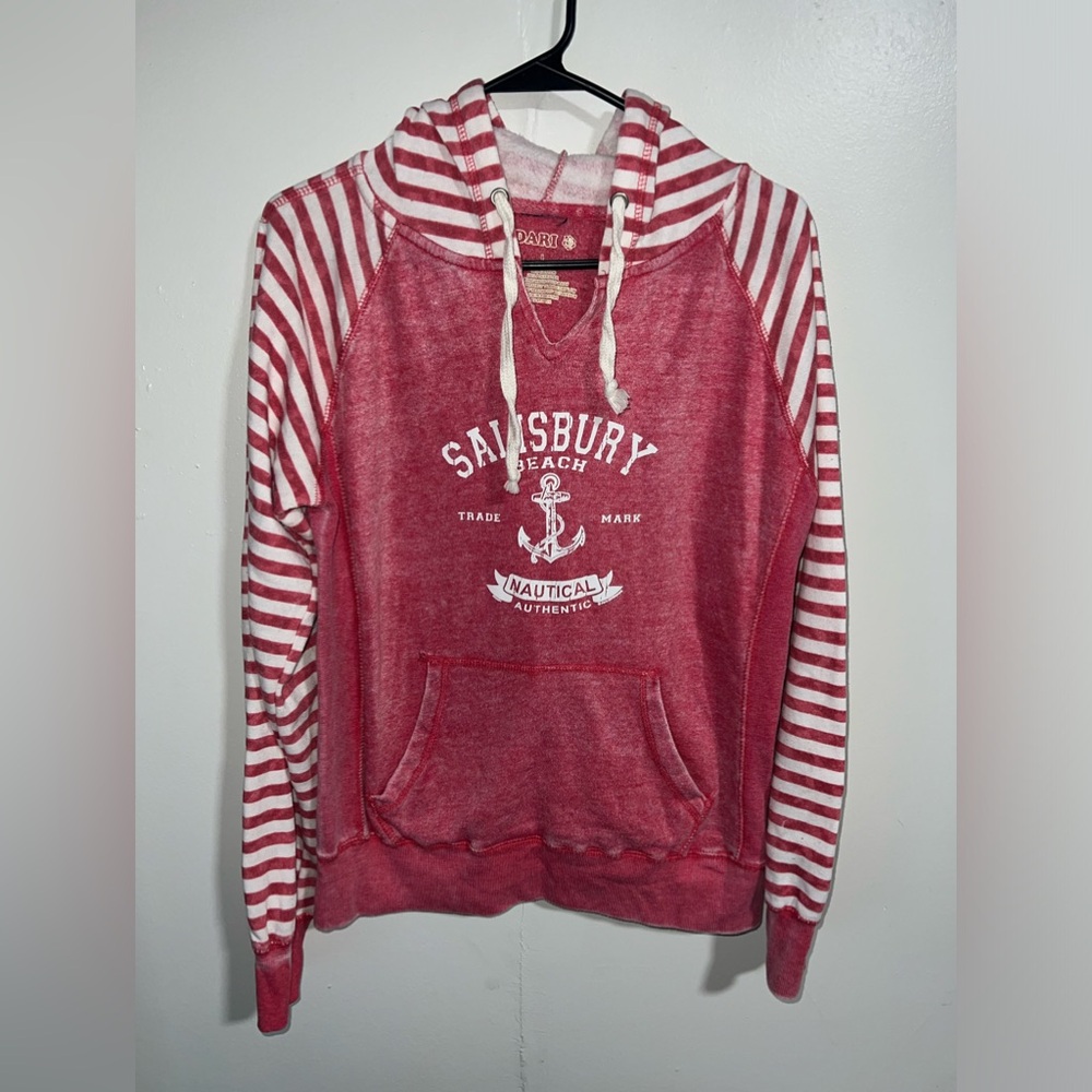 DARI Women’s Pink & White Striped “Salisbury Beach” Pullover Hoodie Size Large